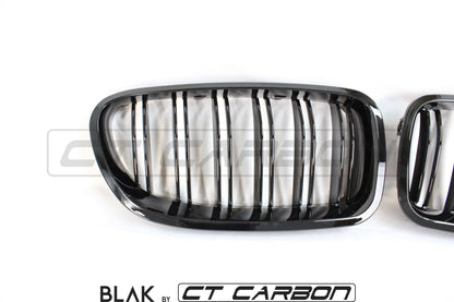 BMW F10 5 Series & M5 Black Double Slat Kidney Grilles/Grills – Front M Style Replacement, Shadowline Blackout Dechrome ABS – BLAK by CT Carbon (F10 2009-2017, M5 2011-2016) Pair