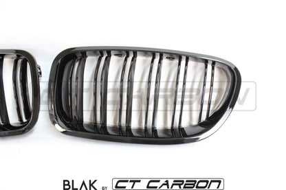 BMW F10 M5 & 5 Series Front Kidney Grilles – Gloss Piano Black Double/Twin Slat Blackout Shadowline De-Chrome Upgrade | Pair Replacement ABS Front Grills | 2009–2017 F10, 2011–2016 M5 | BLAK by CT Carbon