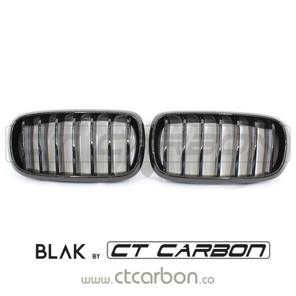 BMW X5 X6 F15 F16 2014-2018 Gloss Black Kidney Grilles - Single Slat Blackout Front Grill Set, Shadowline De-Chrome Replacement Pair, OEM Style ABS, M Sport | BLAK by CT Carbon