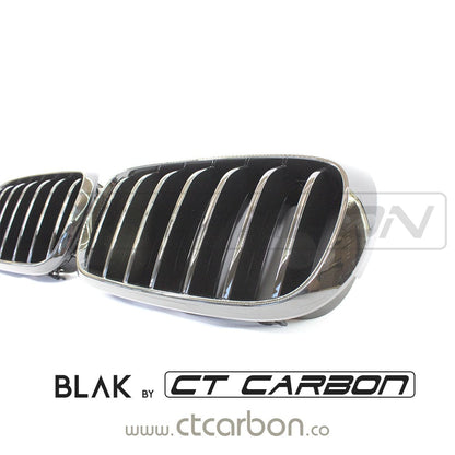 BMW X5 X6 F15 F16 2014-2018 Gloss Black Kidney Grilles - Single Slat Blackout Front Grill Set, Shadowline De-Chrome Replacement Pair, OEM Style ABS, M Sport | BLAK by CT Carbon