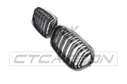 BMW 1 Series F20 LCI Facelift (2015–2020) Twin/Double Slat Kidney Grille Set – Gloss Piano Black M Performance Style Shadowline Front Grill/Grille ABS Replacement Blackout Radiator Grilles M140i