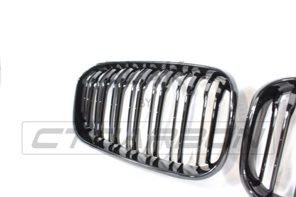 BMW 1 Series F20 LCI 2015-2020 Gloss Piano Black Double/Dual Slat Kidney Grilles (M Performance Style) - Front Radiator Grille Set Blackout Shadowline Black Pack De-Chrome Replacement Pair (Grills)