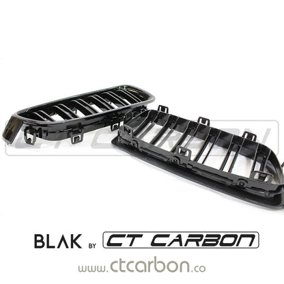 BMW F30 F31 3 Series 2012-2018 Black Double/Twin Slat Kidney Grilles – M Performance/M Sport Style Shadowline Front Bumper Grill Pair Replacement – BLAK by CT Carbon Saloon/Touring