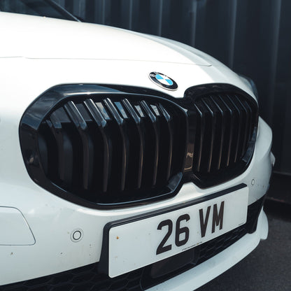 BMW 1 Series F40 (2019+) Gloss Black Single Slat/Bar Kidney Grilles Front Grill Replacement | Shadowline Dechrome Blackout OEM+ Upgrade | BLAK by CT Carbon