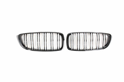BMW M4 F82 F83 (2014-2020) & 4 Series F32 F33 F36 (2013-2020) Black Kidney Grilles, Twin/Double Slat Dual Bar Front Grille/Grill Set | Shadowline Blackout De-Chrome Replacement Pair – BLAK by CT Carbon