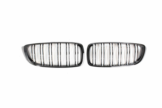 BMW M4 F82 F83 & 4 Series F32 F33 F36 (F3x) Kidney Grilles Twin/Double Slat Black Shadowline Blackout De-Chrome M Performance Style Front Grill Replacement Set 2013-2020 | BLAK by CT Carbon ABS