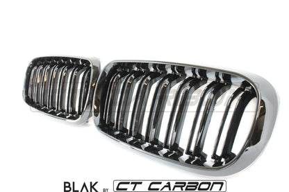 BMW X5 X6 F15 F16 Kidney Grilles Gloss Black Twin/Double Slat | Shadowline De-Chrome Front Grill Set | Fits X5M X6M & M Sport | M Performance Style Replacement Pair | BLAK by CT Carbon