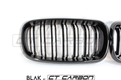 BMW X5 X6 F15 F16 Kidney Grilles Gloss Black Twin/Double Slat | Shadowline De-Chrome Front Grill Set | Fits X5M X6M & M Sport | M Performance Style Replacement Pair | BLAK by CT Carbon