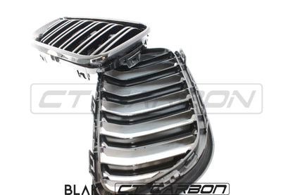 BMW M2 F87 & 2 Series F22 Twin/Double Slat Black Kidney Grilles - CT Carbon M Performance Style Front Radiator Grill Set, Shadowline Blackout Dechrome (F22 2014-2020, M2 2015-2018)