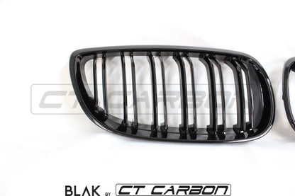 BMW E92 E93 M3 & 3 Series Coupe/Convertible Black Twin Bar Double Slat Kidney Grilles Front Grill Set Shadowline Blackout Dechrome Replacement (2006-2009 3 Series, 2007-2013 M3) - BLAK by CT Carbon