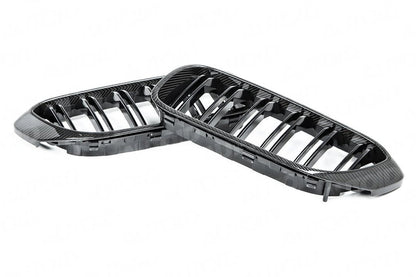 AUTOID BMW 5 Series G30 (2016+) & F90 M5 (2017+) Carbon Fibre/Fiber Double Slat/Bar Kidney Grille Set - Gloss 2x2 Twill OEM+ Front Radiator Grill Upgrade | Fits 518d, 530e, M550i xDrive, M Sport | Replacement Pair | Plug & Play