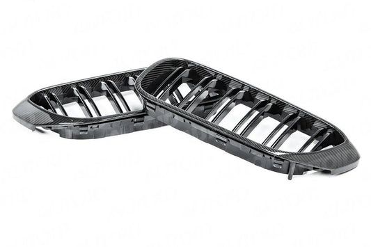 AUTOID BMW 5 Series G30 (2016+) & F90 M5 (2017+) Carbon Fibre/Fiber Double Slat/Bar Kidney Grille Set - Gloss 2x2 Twill OEM+ Front Radiator Grill Upgrade | Fits 518d, 530e, M550i xDrive, M Sport | Replacement Pair | Plug & Play