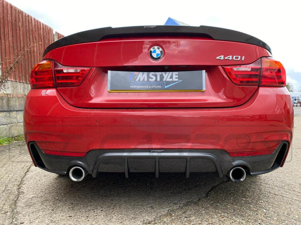 BMW 4 Series F32 F33 F36 Carbon Fibre/Carbon Fiber Rear Diffuser - M Performance/MP/M Sport Style Twin Exit/Dual Exhaust - Gloss Carbon Rear Valance Bumper Insert Exhaust Surround - F3x 2013-2020 Coupe Convertible Gran Coupe