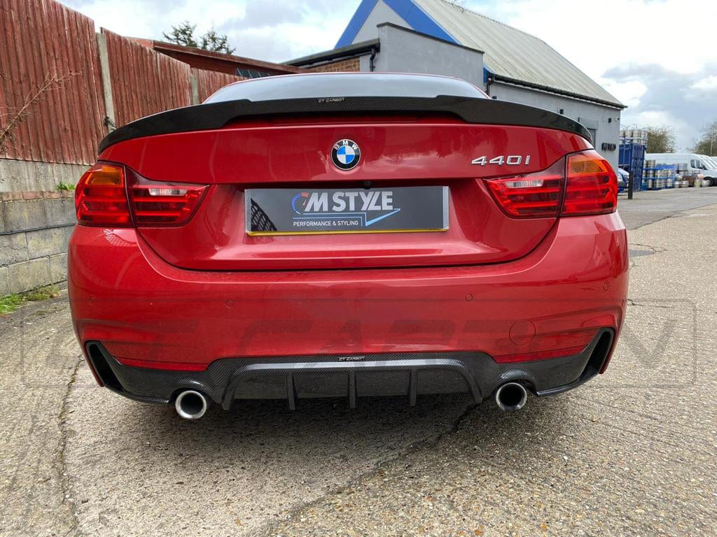 BMW 4 Series F32 F33 F36 Carbon Fibre/Carbon Fiber Rear Diffuser - M Performance/MP/M Sport Style Twin Exit/Dual Exhaust - Gloss Carbon Rear Valance Bumper Insert Exhaust Surround - F3x 2013-2020 Coupe Convertible Gran Coupe