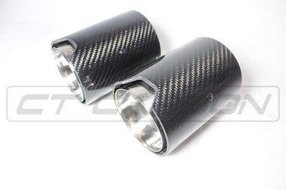 BMW F20 F21 F22 F23 F30 F31 F32 F33 Carbon Fibre Tailpipe Finishers / Exhaust Muffler/Silencer Tips - Chrome Accent, Stainless Steel - 135i 140i 235i 240i 335i 340i 435i 440i - N55 B58 - CT Carbon - Pair (Set of 2)