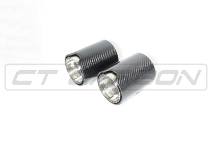 BMW F20 F21 F22 F23 F30 F31 F32 F33 Carbon Fibre Tailpipe Finishers / Exhaust Muffler/Silencer Tips - Chrome Accent, Stainless Steel - 135i 140i 235i 240i 335i 340i 435i 440i - N55 B58 - CT Carbon - Pair (Set of 2)