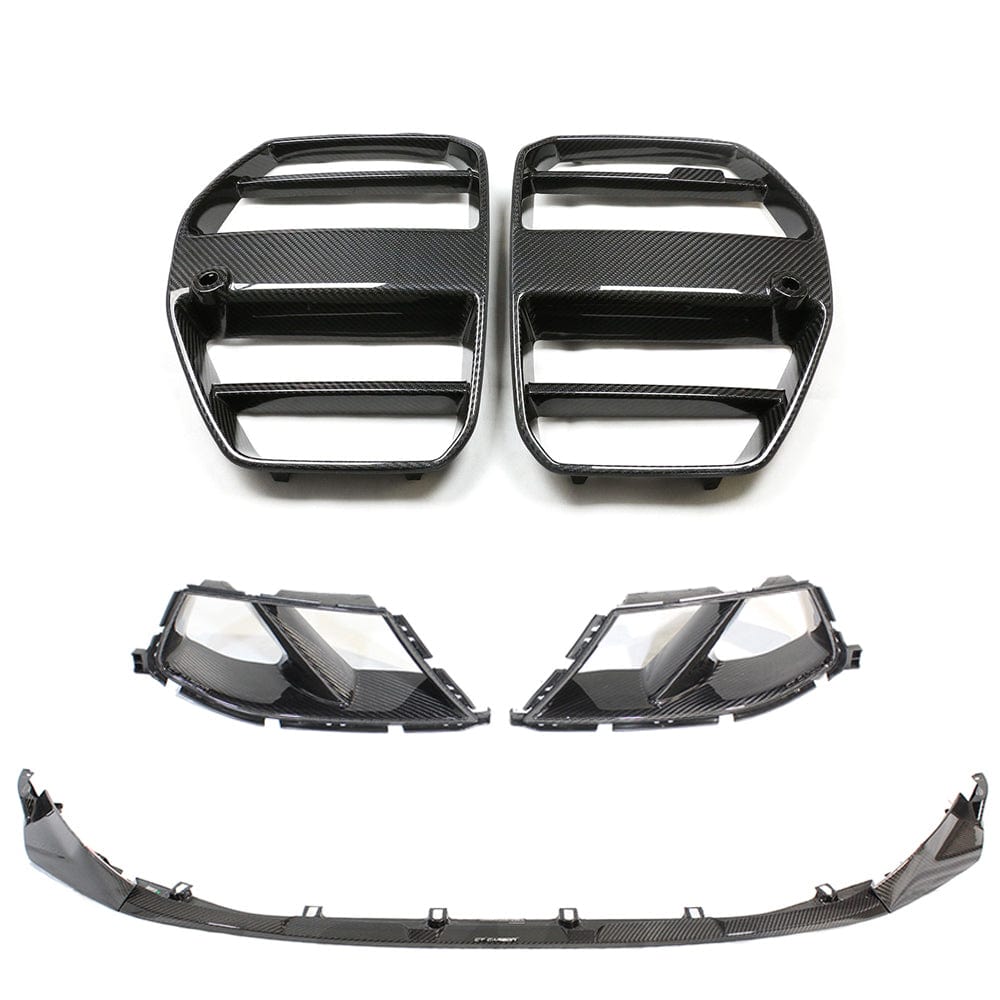 BMW M3/M4 G80 G81 G82 G83 2021+ Carbon Fibre/Fiber Front End Kit V3 - M Performance Style Splitter/Lip, Front Ducts, GT Centre/Center Kidney Grill/Grille - ACC Radar Compatible G8X Aero Body Styling Pack