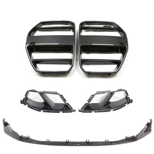 BMW M3/M4 G80 G81 G82 G83 2021+ Carbon Fibre/Fiber Front End Kit V3 - M Performance Style Splitter/Lip, Front Ducts, GT Centre/Center Kidney Grill/Grille - ACC Radar Compatible G8X Aero Body Styling Pack