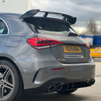 Mercedes-Benz A Class W177 2018-2022 Body Kit Gloss/Piano Black – Front Lip Splitter + Canards, Roof Spoiler, Rear Diffuser (Quad Exit Look) – AMG Line & A35 Aero Styling Pack | Black Pack Upgrade – BLAK by CT