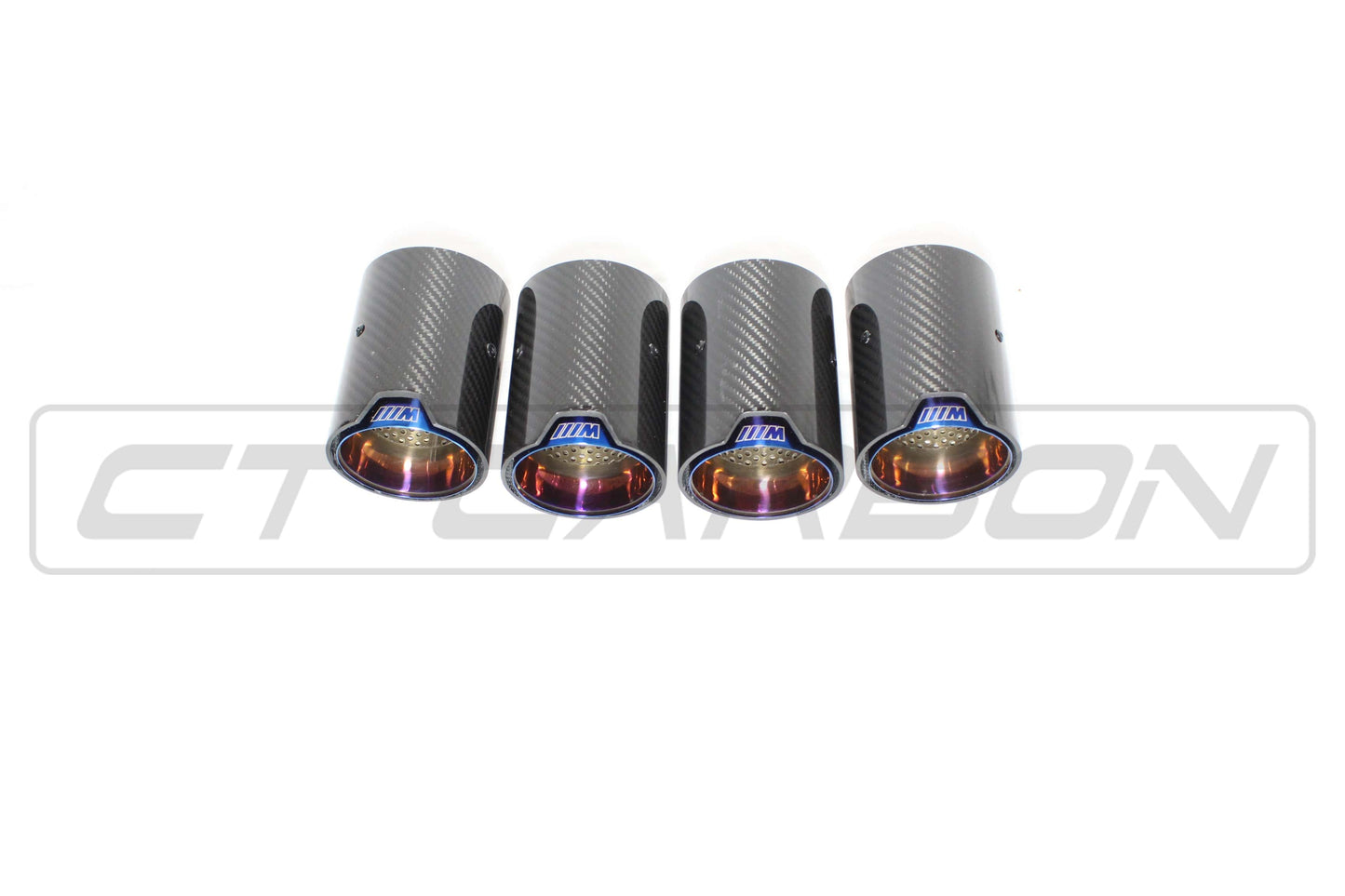BMW M2 M3 M4 M5 F10 F80 F82 F83 F87 Carbon Fibre/Fiber Exhaust Tips - Burnt Blue Titanium-Look Quad Tailpipe Trims/Finishers (Set of 4) - M Performance Style Upgrade