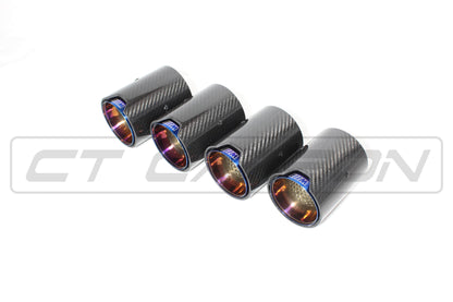 BMW M2 M3 M4 M5 F10 F80 F82 F83 F87 Carbon Fibre/Fiber Exhaust Tips - Burnt Blue Titanium-Look Quad Tailpipe Trims/Finishers (Set of 4) - M Performance Style Upgrade