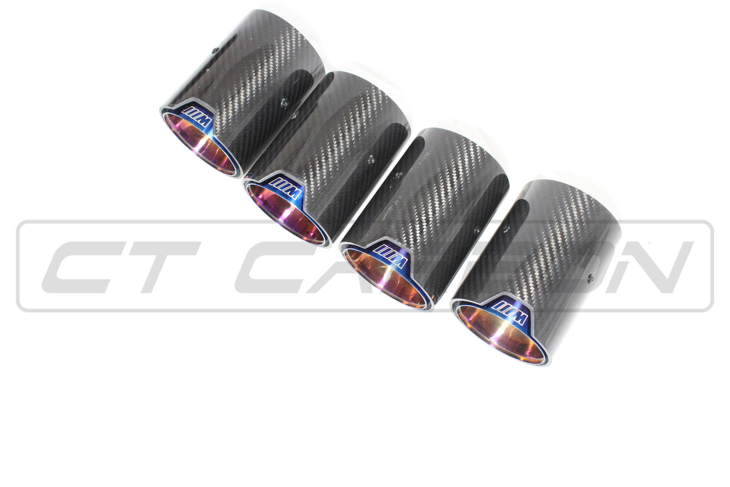BMW M2 M3 M4 M5 F10 F80 F82 F83 F87 Carbon Fibre/Fiber Exhaust Tips - Burnt Blue Titanium-Look Quad Tailpipe Trims/Finishers (Set of 4) - M Performance Style Upgrade