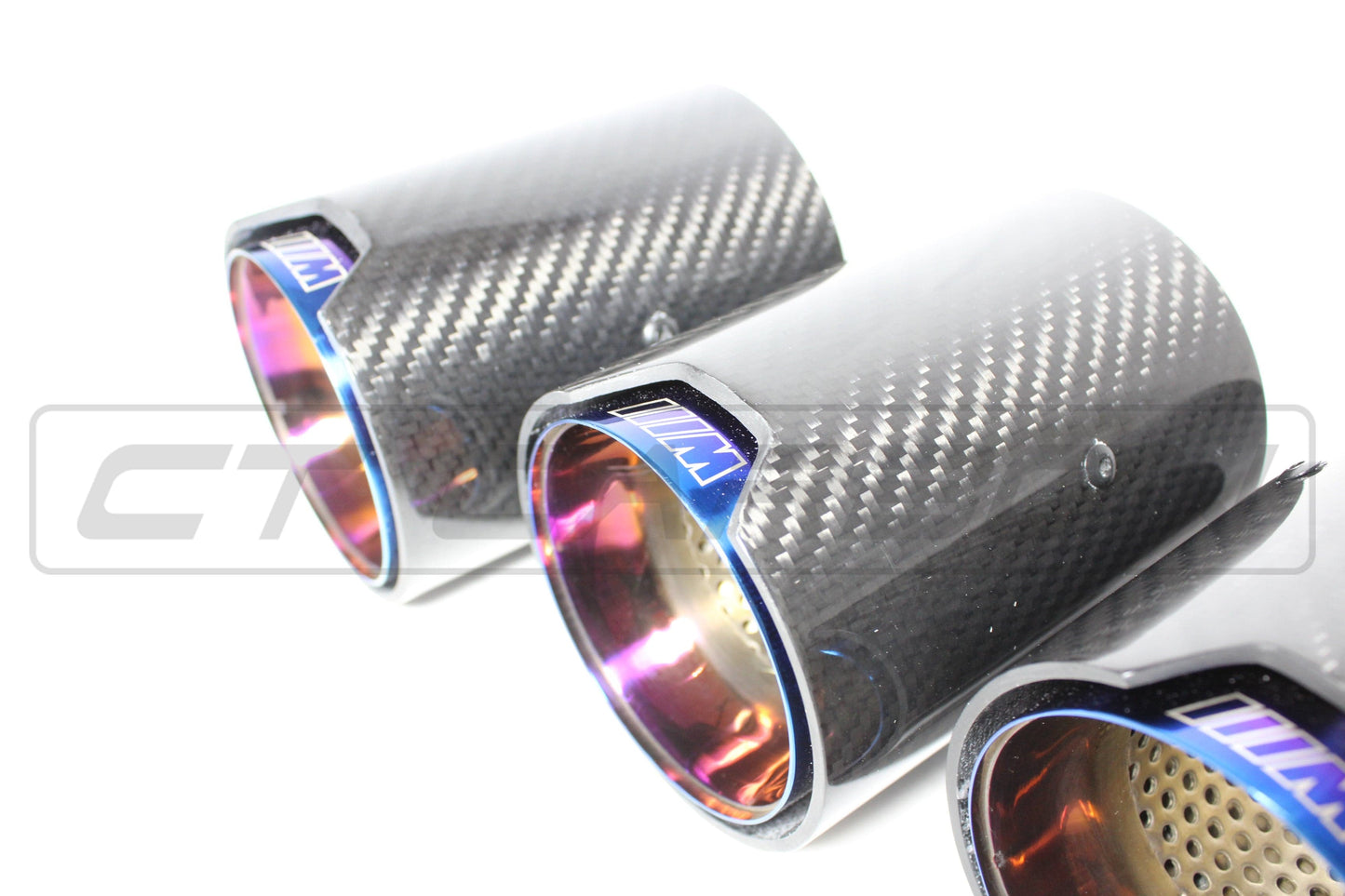 BMW F-Series M2 M3 M4 M5 (F10 F80 F82 F83 F87) Carbon Fibre/Fiber Exhaust Tips - Blue Burnt Titanium-Style Tailpipe Trims Set x4 | Quad Outlet Muffler Tip Covers | M Performance Style by CT Carbon