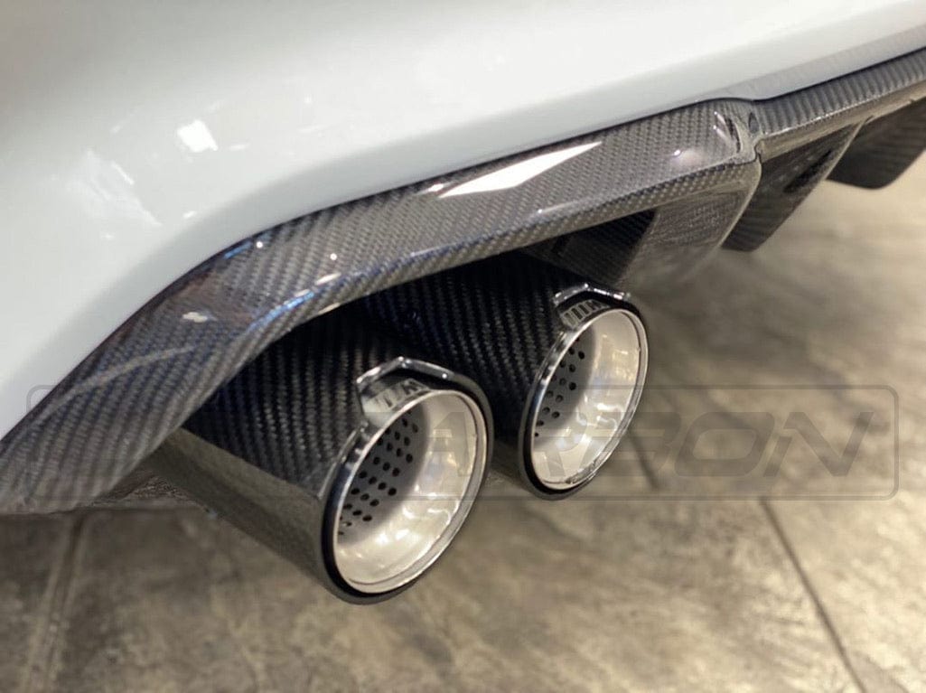 BMW M2/M2 Competition, M3, M4, M5 (F10 F80 F82 F83 F87) Carbon Fibre/Fiber Exhaust/Tailpipe Tips – High Gloss Chrome Look – Quad Exhaust Tip Finishers x4 | M Performance Style Exhaust Tip Covers/Trims by CT Carbon