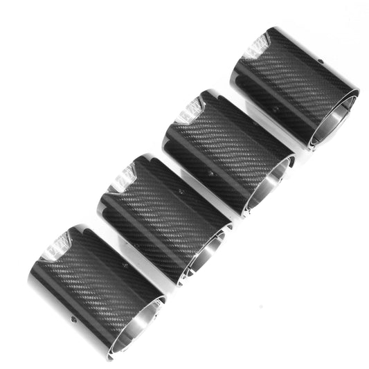 BMW M2 F87 / M3 F80 / M4 F82 F83 / M5 F10 (2009–2021) Carbon Fibre (Carbon Fiber) Quad Rear Exhaust Tips – Tailpipe Finishers & Muffler Tips – Gloss Carbon with Chrome Rim – Set of 4 – CT Carbon OE-Style