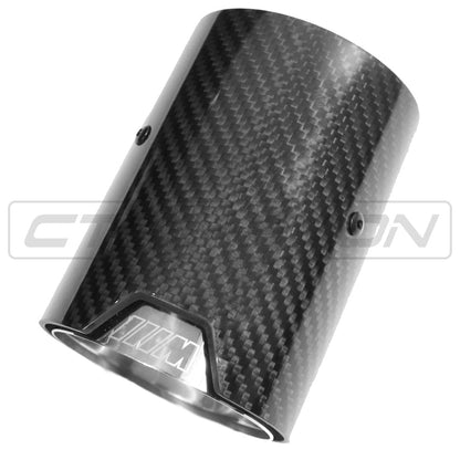 CT Carbon Gloss Carbon Fibre Tailpipe/Exhaust Tips (Quad x4) for BMW F-Series M2/M3/M4/M5 F10 F80 F82 F83 F87 - Chrome Accent OEM-Style Muffler Tip Finishers 2009-2021