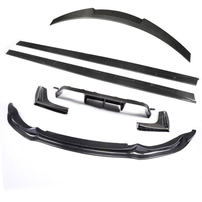 BMW M3 F80 Saloon/Sedan Full Carbon Fibre (Fiber) 4-Piece Body Kit & Aero Package 2014-2020 - V-Style: Front Lip Splitter, Side Skirt Extensions (M Performance Style), Rear Diffuser, Boot/Trunk Lip Spoiler