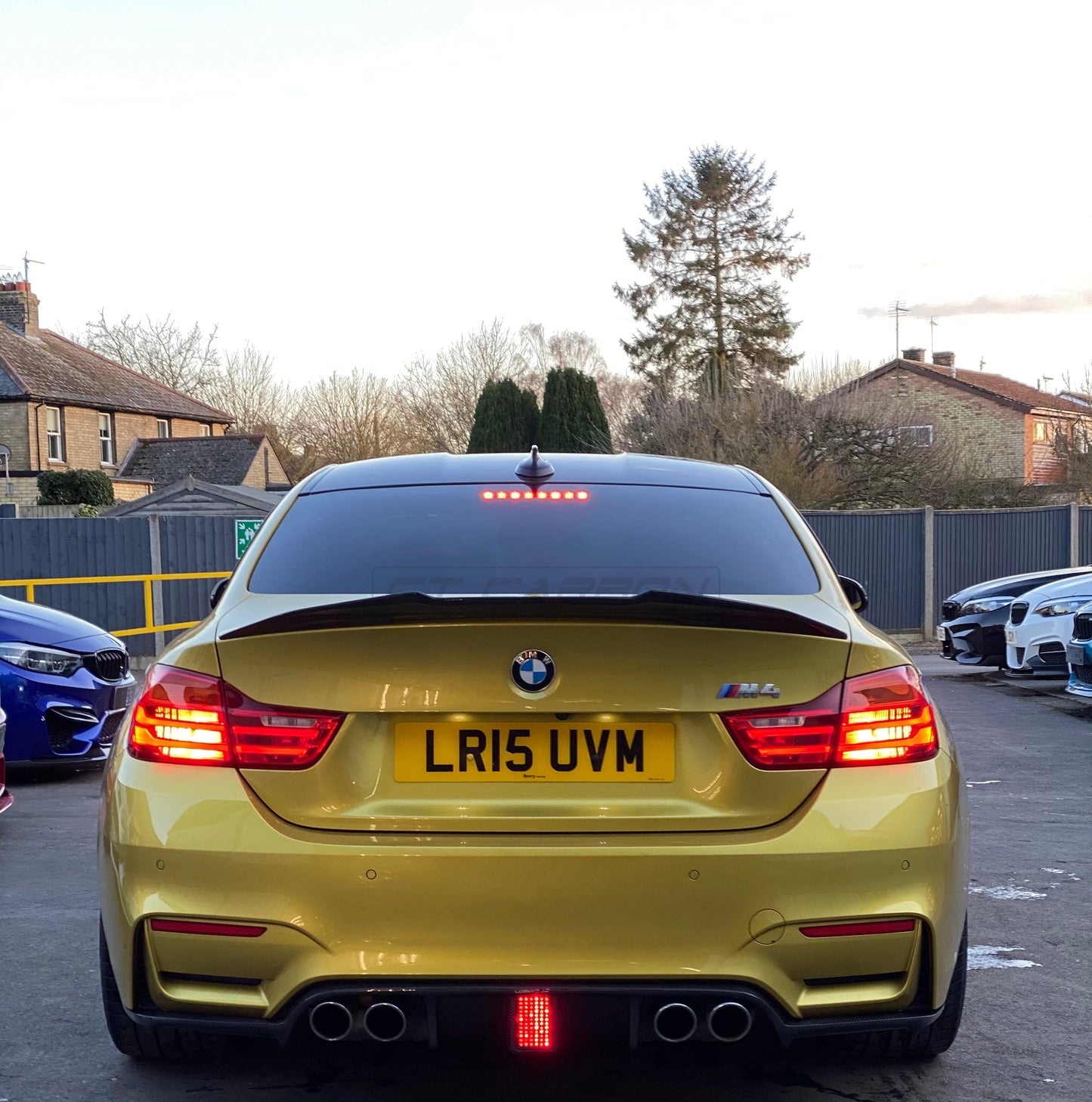 BMW M3/M4 F80 F82 F83 Carbon Fibre (Carbon Fiber) Rear Diffuser/Valance with Centre Brake Light - DTM Motorsport & M Performance Style Gloss Carbon Bumper Insert Splitter (201
