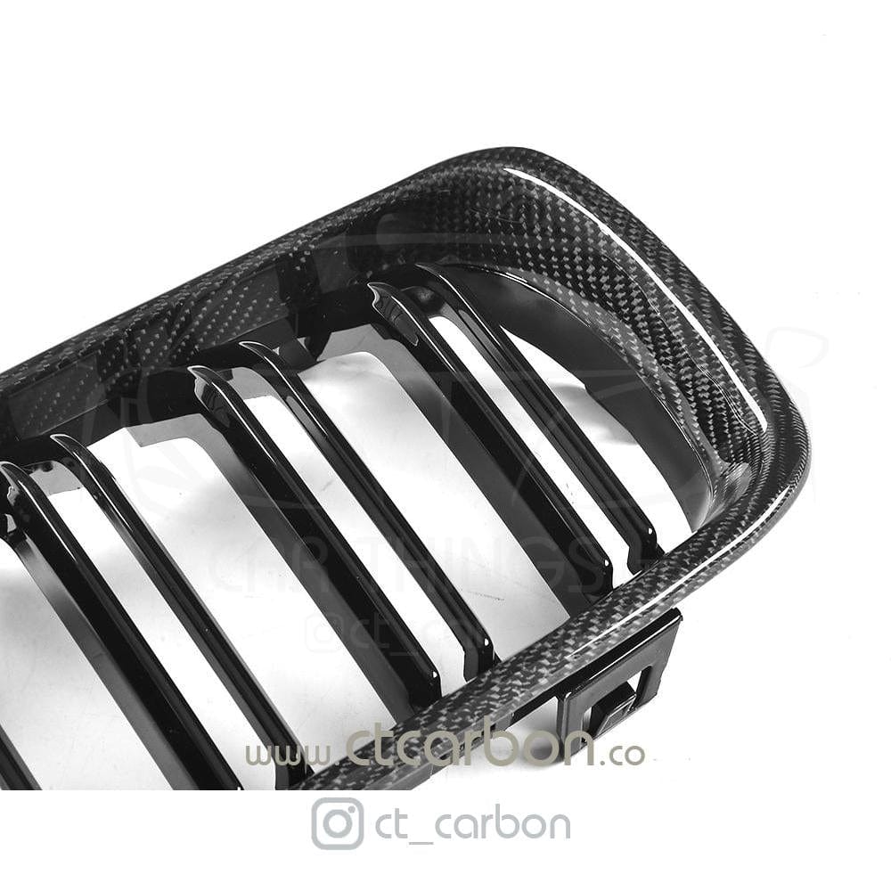 BMW M3 M4 F80 F82 F83 (F8X) 2014-2020 Carbon Fibre/Fiber Kidney Grilles (Grills) - Double Slat Competition / M Performance Style Front Grille Kit, Gloss Carbon Finish - CT Carbon