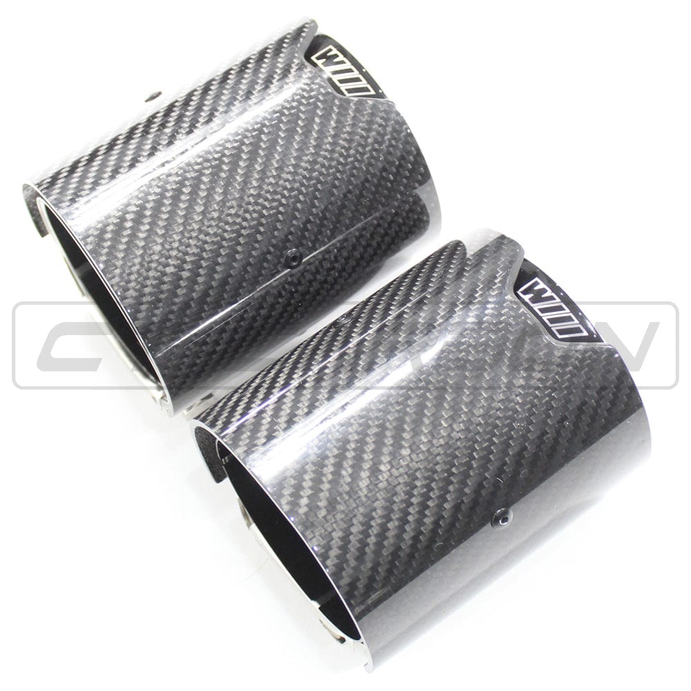 BMW F40 1 Series (M135i/125i) & F44 2 Series (M235i/235i) Carbon Fibre Exhaust Tips - Gloss Carbon Tailpipe Finishers, Tail Trims & Muffler Tips / Exhaust Tip Covers - Black Inner Core - Set of 2