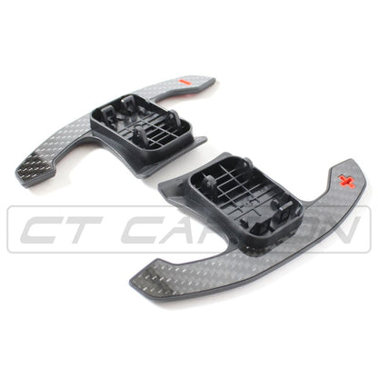 Carbon Fiber/Fibre Paddle Shifters & Extensions for BMW F & G Series, M2 M3 M4, 1 2 3 4 5 Series, MINI Cooper F56, GR Supra A90 - M Performance Style Steering Wheel Shift Paddles (Pair) - Gloss Carbon, Red Accents, Textured Grip