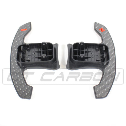 Carbon Fiber/Fibre Paddle Shifters & Extensions for BMW F & G Series, M2 M3 M4, 1 2 3 4 5 Series, MINI Cooper F56, GR Supra A90 - M Performance Style Steering Wheel Shift Paddles (Pair) - Gloss Carbon, Red Accents, Textured Grip