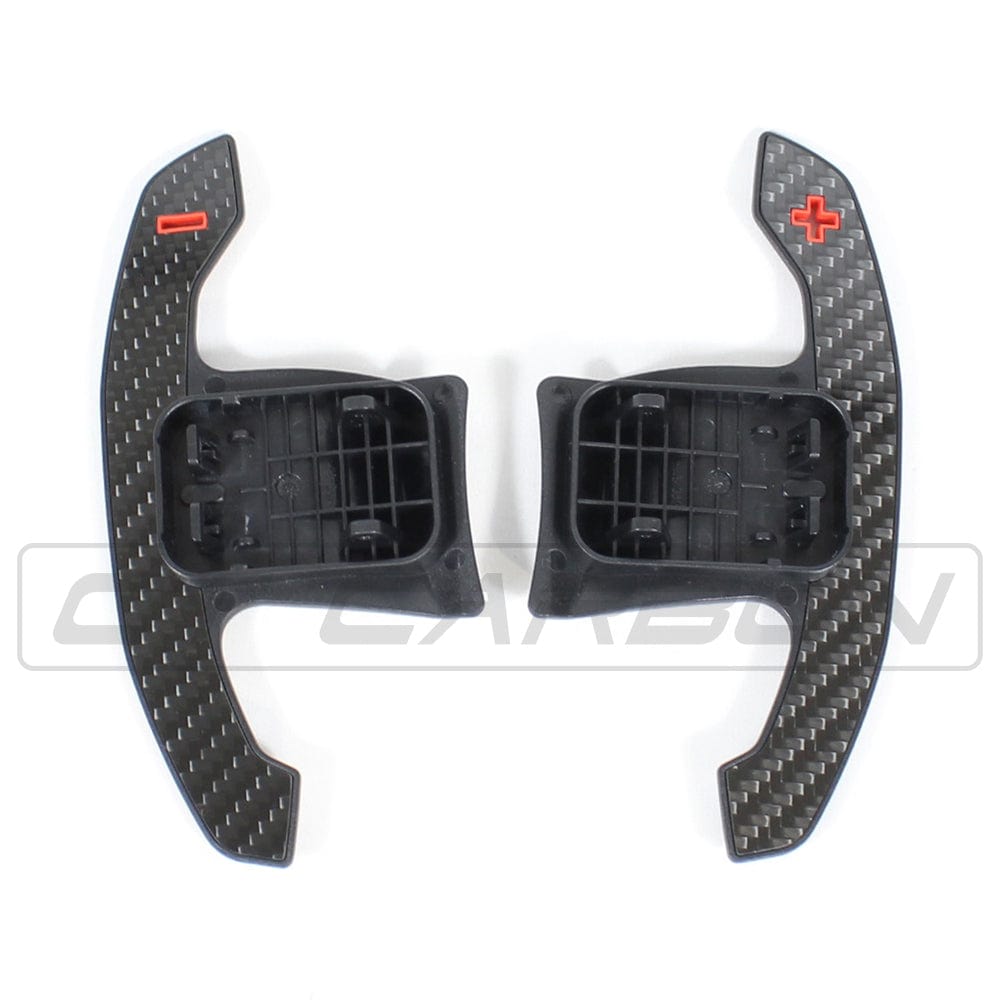 Carbon Fiber/Fibre Paddle Shifters & Extensions for BMW F & G Series, M2 M3 M4, 1 2 3 4 5 Series, MINI Cooper F56, GR Supra A90 - M Performance Style Steering Wheel Shift Paddles (Pair) - Gloss Carbon, Red Accents, Textured Grip