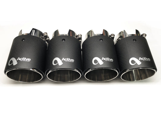 Active Autowerke 90mm Carbon Fibre (Carbon Fiber) Exhaust Tips for BMW M2 F87 & M2 Competition (M2C) - Quad Tailpipe Trims/Finishers, Set of 4, Adjustable Bolt-On Replacement Muffler Tips, 70mm Inlet, Gloss Carbon Double-Wall