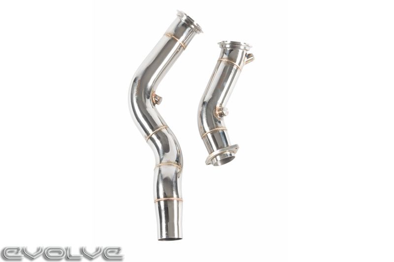 BMW S55 3in (76mm) Catless/Decat Cat-Delete Race Downpipes by Evolve – Fits F80 M3, F82/F83 M4, F87 M2 Competition – Turbo Downpipe Upgrade, TIG-Welded Stainless, Cast Turbo Flanges – Stage 2 Tune/Remap Ready