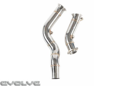 BMW S55 3in (76mm) Catless/Decat Cat-Delete Race Downpipes by Evolve – Fits F80 M3, F82/F83 M4, F87 M2 Competition – Turbo Downpipe Upgrade, TIG-Welded Stainless, Cast Turbo Flanges – Stage 2 Tune/Remap Ready