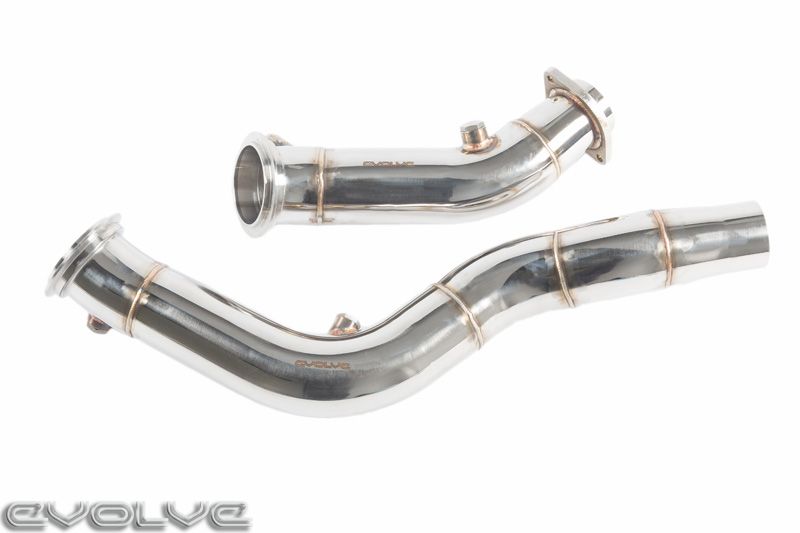 BMW S55 3in (76mm) Catless/Decat Cat-Delete Race Downpipes by Evolve – Fits F80 M3, F82/F83 M4, F87 M2 Competition – Turbo Downpipe Upgrade, TIG-Welded Stainless, Cast Turbo Flanges – Stage 2 Tune/Remap Ready