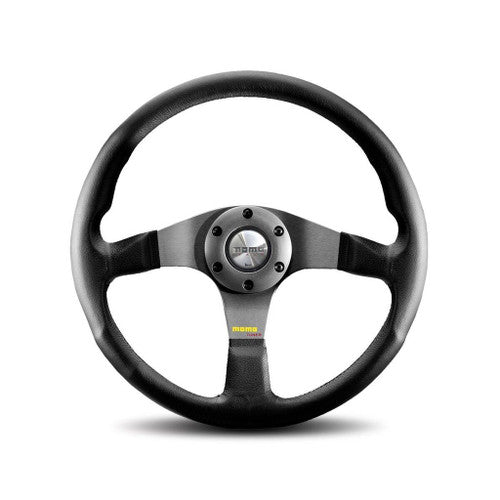 MOMO Street Tuner Black Leather Steering Wheel 320mm/350mm, 37mm/42mm Dish, Anthracite/Black Spokes - Sports Racing Drift Track Day Aftermarket JDM/Euro Car Wheel