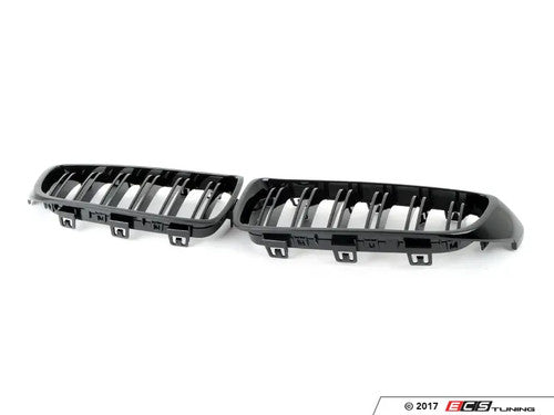ECS Tuning Gloss Piano Black Twin/Double Slat Kidney Grille/Grill Set for BMW F80 M3, F82 F83 M4 & F32 F33 F36 4 Series (2014-2020) - Shadowline Blackout Dechrome OE-Style ABS Front Radiator Grilles Pair, OEM Fit Replacement