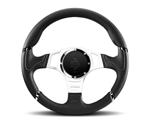 MOMO Millennium Sport 350mm (35cm) Steering Wheel – Black Leather w/ Grey Accent, Polished 3‑Spoke, 40mm Shallow Dish – Universal Racing/Drift/Track Tuner Car Wheel – Aftermarket Steering Wheel – Boss Kit/Hub Adapter Required