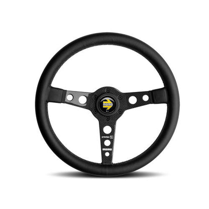 MOMO Prototipo 6C Carbon 350mm Steering Wheel - 35cm 3-Spoke Carbon Fibre/Carbon Fiber, Black Leather Rim - Racing Motorsport Track Drift - Aftermarket Performance Sports Wheel, Classic Retro Style, 39mm Dish, Universal Boss Kit Compatible