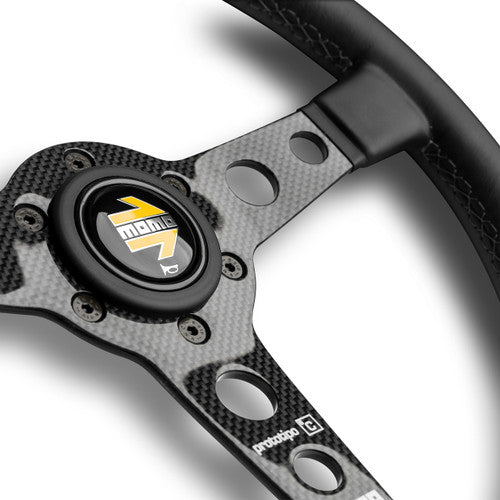 MOMO Prototipo 6C Carbon 350mm Steering Wheel - 35cm 3-Spoke Carbon Fibre/Carbon Fiber, Black Leather Rim - Racing Motorsport Track Drift - Aftermarket Performance Sports Wheel, Classic Retro Style, 39mm Dish, Universal Boss Kit Compatible