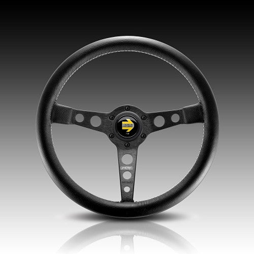 MOMO Prototipo Street Steering Wheel 350mm (35cm/13.8in) Black Leather, Black Spokes - Classic 3-Spoke Racing/Drift/Rally Wheel, Shallow 30mm Dish, Universal Aftermarket Fit, Retro Motorsport Interior Upgrade, Classic Car & Hot Hatch
