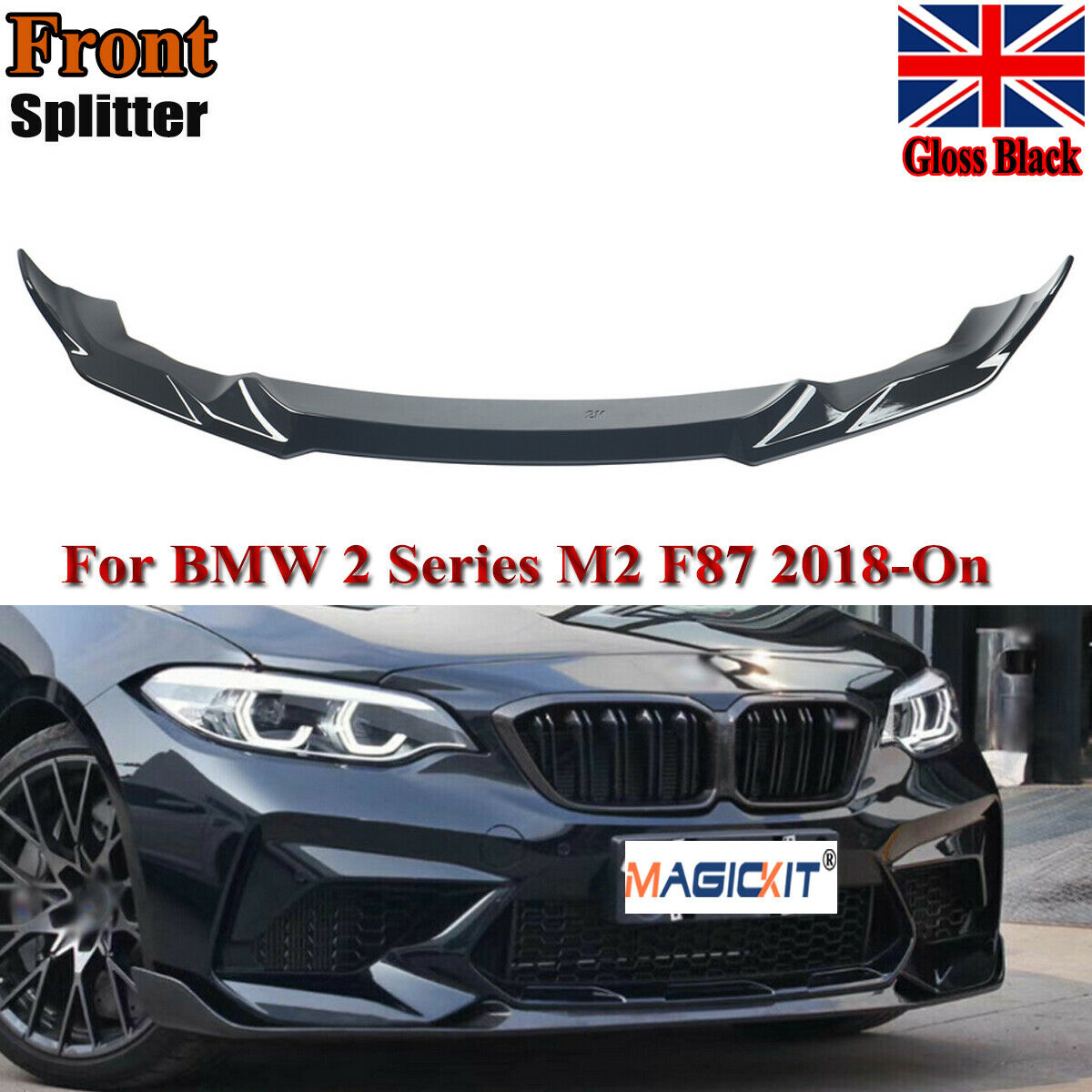 BMW M2 F87 Front Splitter & Side Skirts Kit Gloss Black - Front Lip Spoiler + Side Skirt Extensions - Fits M2 2015-2020, 2 Series F22 F23/F44 M Sport - OEM+ Look, UK Stock