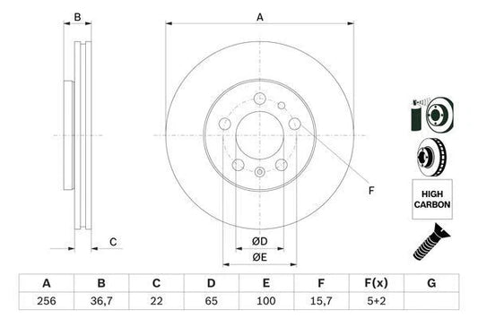 BOSCH 0 986 478 853 Brake Disc / Rotor (0986478853) | Internally Vented, Anti-Corrosion/Anti-Rust Coated High-Carbon | 255.8mm x 22mm (255mm) | 5-Stud/5-Hole | OE Spec Replacement Brake Rotor with Bolts/Screws