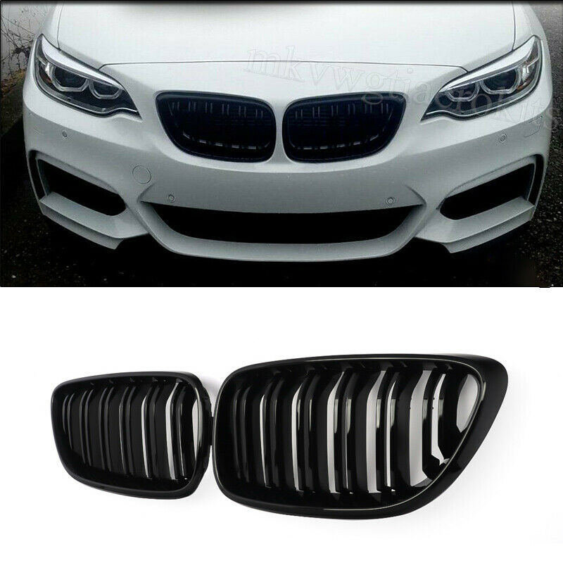 BMW 2 Series F22 F23 2012-2018 Gloss Black Twin Slat Front Kidney Grilles Pair  Coupe & Convertible  De-Chrome Upgrade  UK Stock Fast Delivery